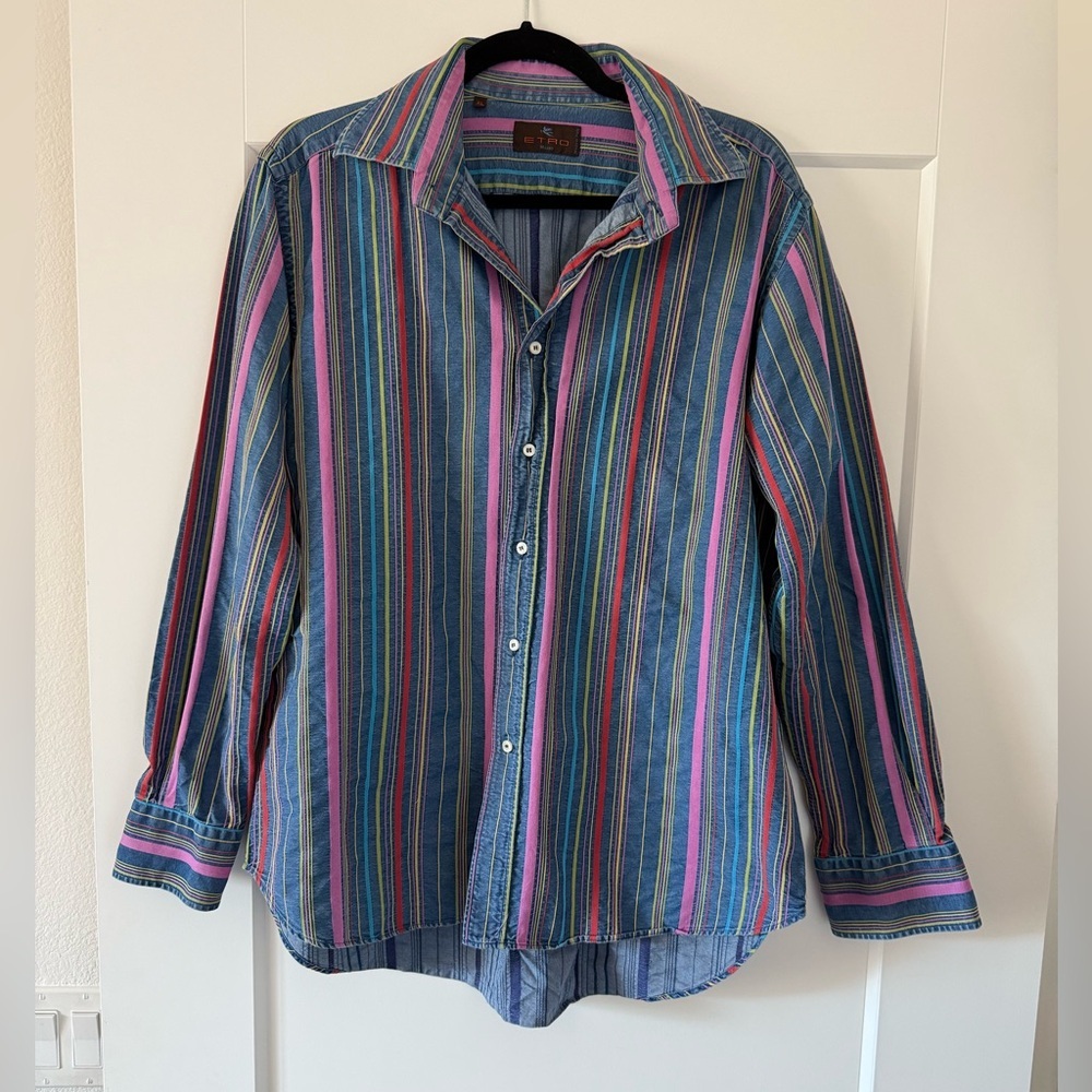 Etro Men's Colorful Striped Denim Button Up - XL